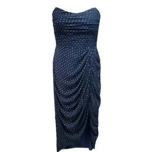 Mestiza NY Aurora Emilia Embroidered Ruched Midi Dress 8 Navy Gold Strapless